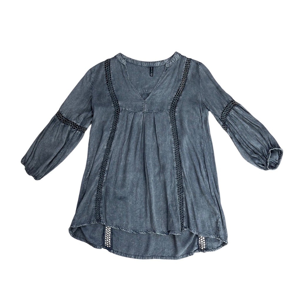 Gray Acid‎ Wash Boho Crochet Lace V-Neck Tunic Blouse Small lagenlook grunge